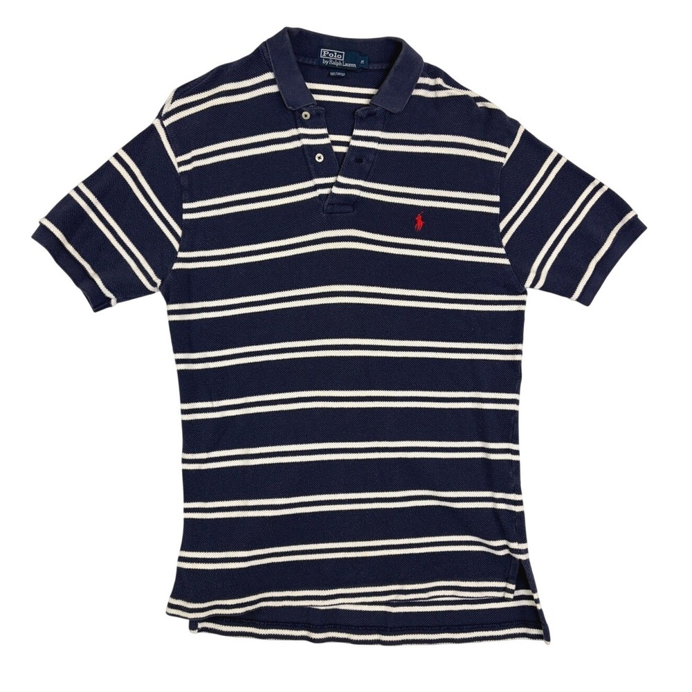 Polo Ralph Lauren Mens Medium Navy Blue White Striped Pique Mesh Short Sleeve